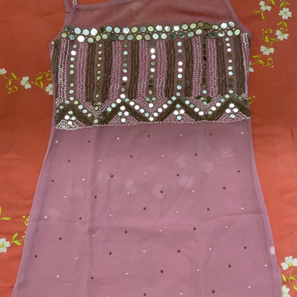 Sheer Pink Top, One shoulder, mirror and sequin work, Size M-L - Picture 3 of 3